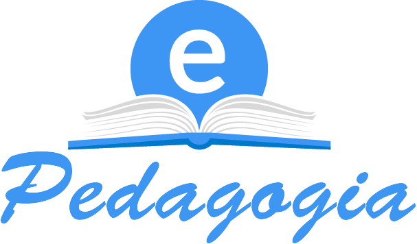 The image is the website logo. Formed by an open book, in the center a blue circle with the letter E on a bench, next to the book is the word pedagogy.