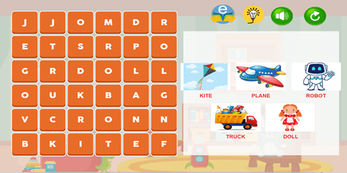 Caça palavras com imagens de brinquedos. Inglês.  Diversão garantida ao encontrar as palavras. 