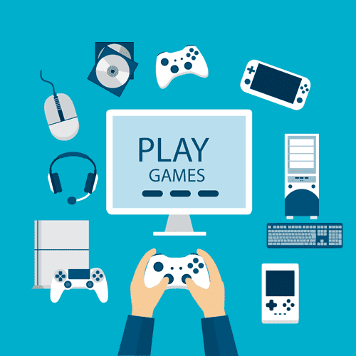On a green background image, two hands holding as if playing video games. A computer screen appears just above the center of the image. Surrounded in a circle are a video game, a headset with microphone, a mouse, two CDs, a video game controller, a handheld video game, a desktop computer with a keyboard and a vertical handheld video game.