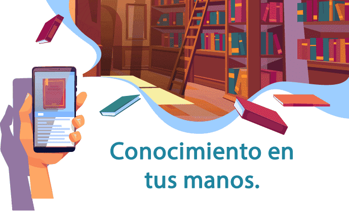 La imagen muestra una mano que sostiene el teléfono celular que muestra la pantalla de un sitio web con un libro, en la parte inferior de la imagen se puede ver una biblioteca llena de libros y una escalera para subir a los estantes llenos de gente. Destacó el texto: Conocimiento en tus manos.