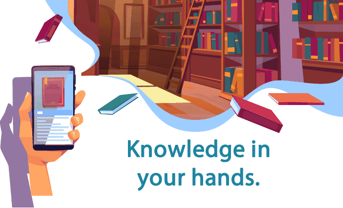 The image shows a hand holding the cell phone that shows a screen of a website with a book, in the bottom part of the image you can see a library full of books and a ladder to climb the crowded shelves. Highlighted the text: Knowledge in your hands.